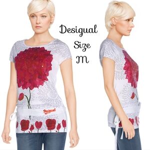 Desigual Side Tie Short Sleeve Tee Shirt With Sequin Embelished Flower